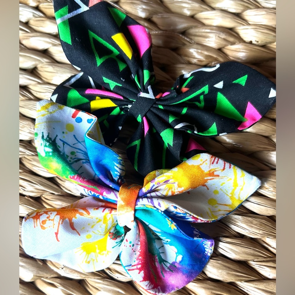 2 NEW Hair Bows Retro 90s Neon  Hair Clips 4.5in to 5in size